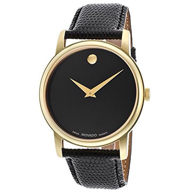 Movado Leather Watch - Grained Black Leather With Gold